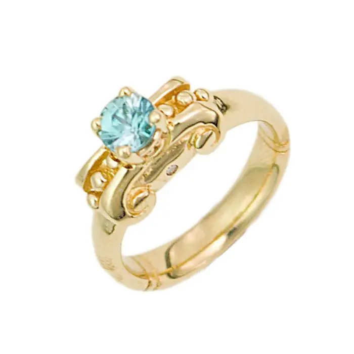 Fancy Blue Zircon with Yellow Gold Scroll Ring in 14k Yellow Gold