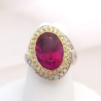 14k Large Oval Rubellite Tourmaline Gemstone & Diamond Asymmetrical Bypass Ring
