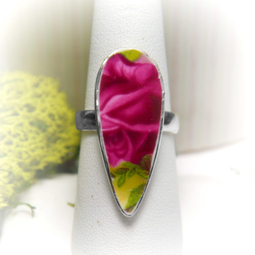 Sterling Silver Ceramic Art Floral Jewelry Ring