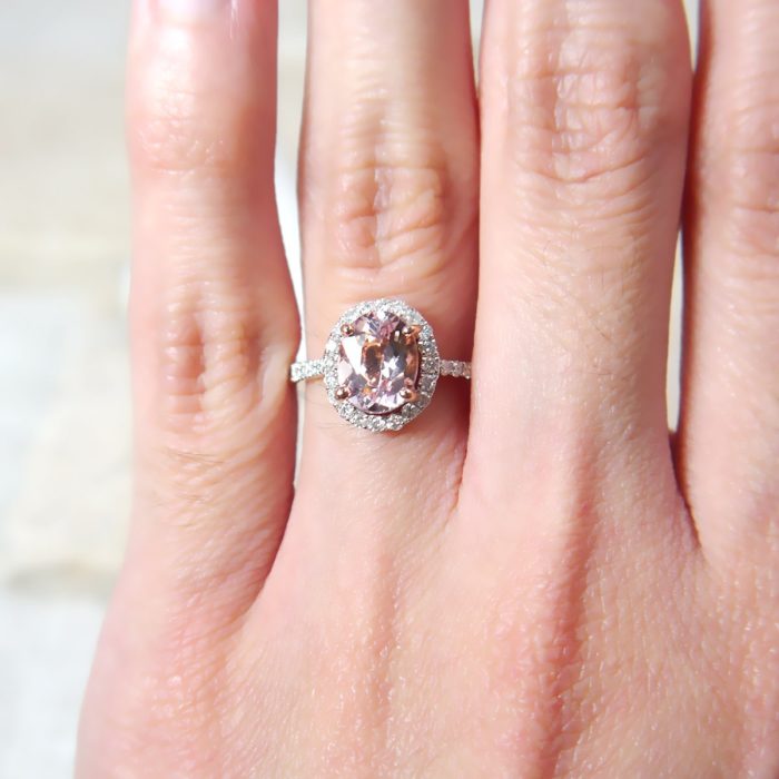 Oval Pink Halo Morganite and Diamond Ring in 14k Rose Gold