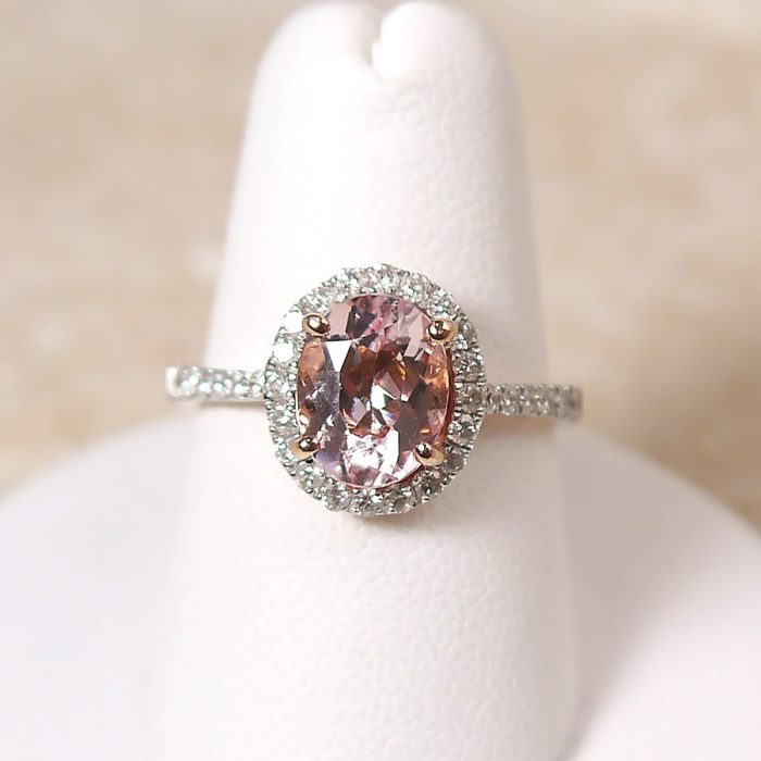Oval Pink Halo Morganite and Diamond Ring in 14k Rose Gold