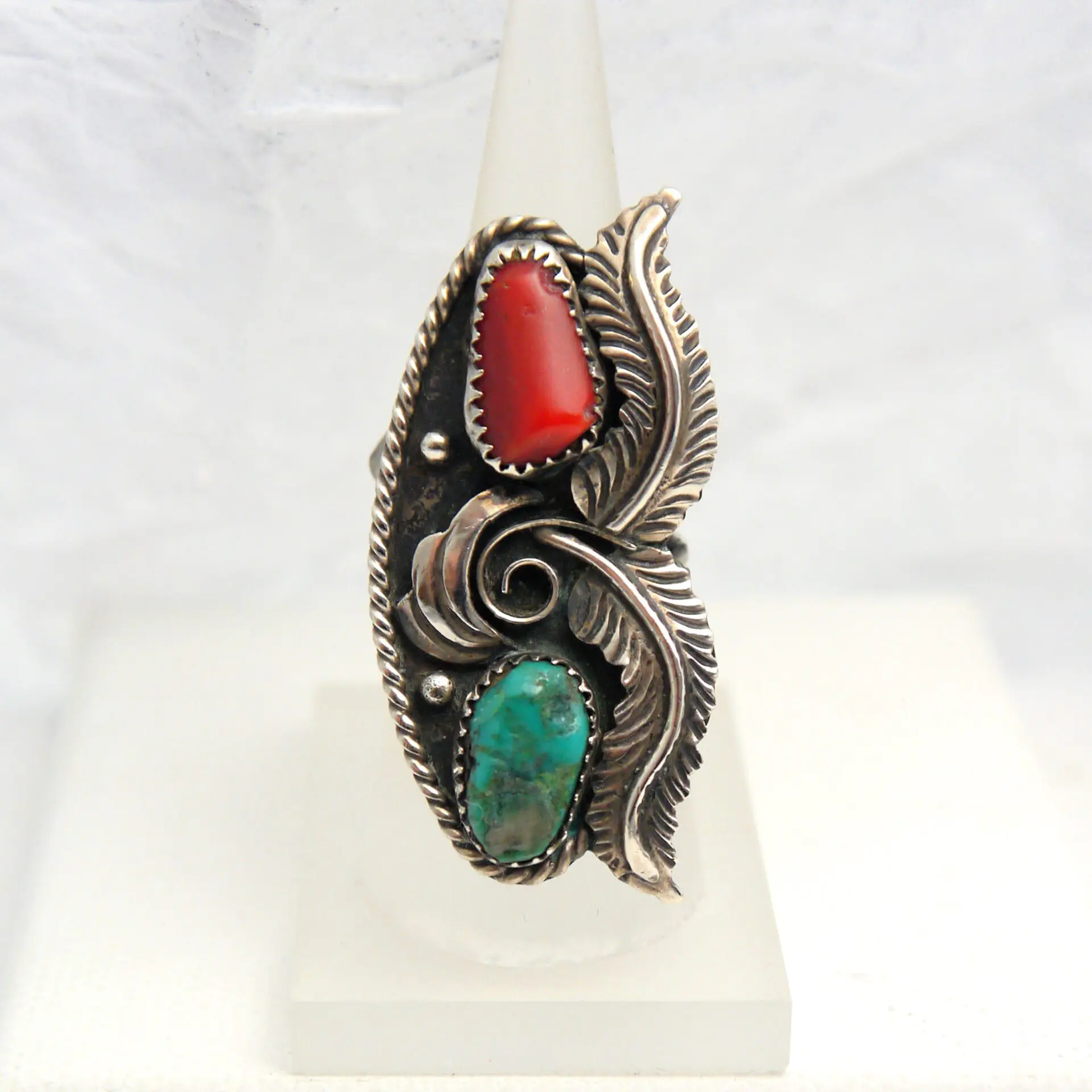 Sterling hot turquoise Coral Native ring 6 3/4