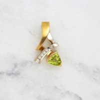 Trillion Cut Peridot & Diamond Two-Toned Freeform Slide Pendent in 14k Yellow Gold