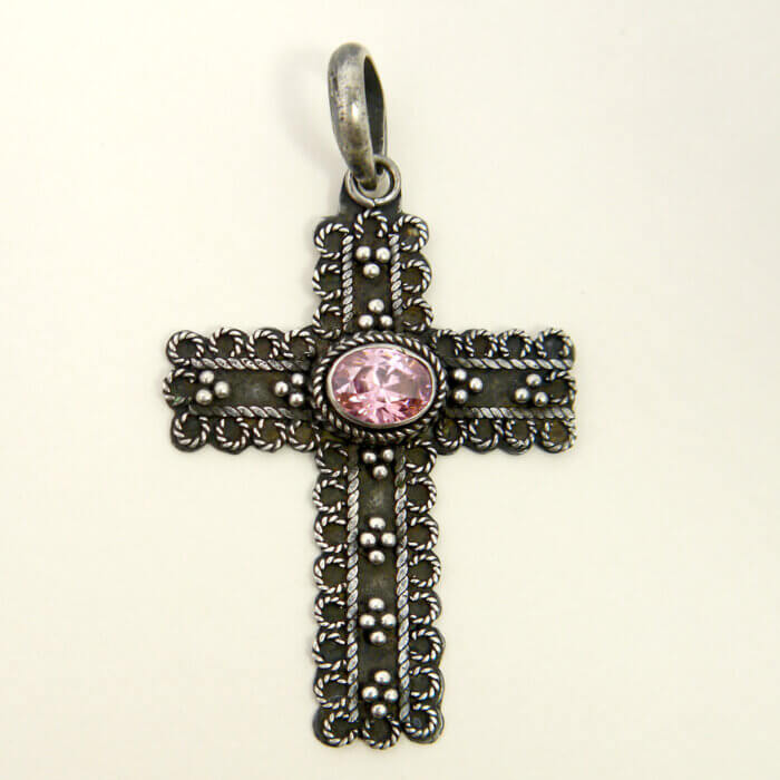 Sterling Silver Oval Pink Stone Cross Pendant