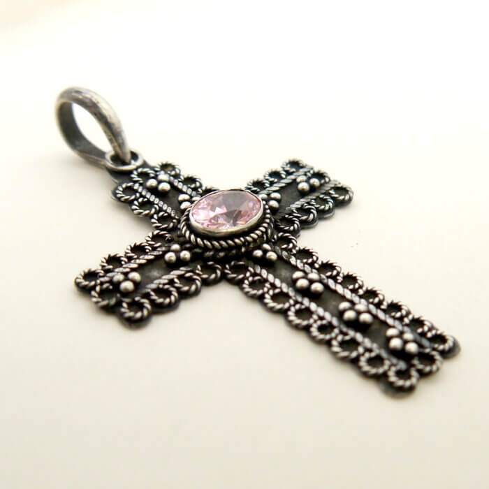 Sterling Silver Oval Pink Stone Cross Pendant