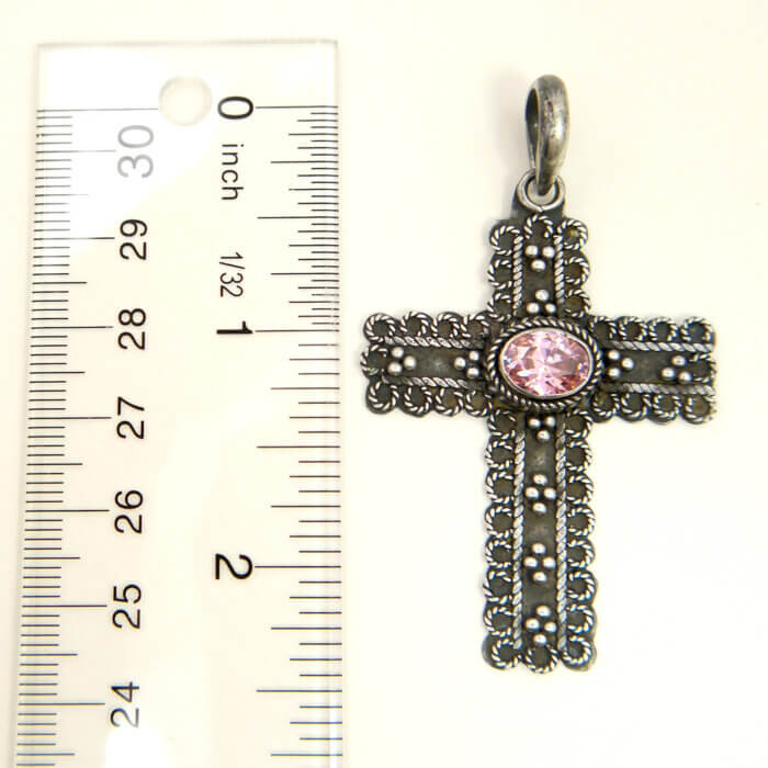 Sterling Silver Oval Pink Stone Cross Pendant