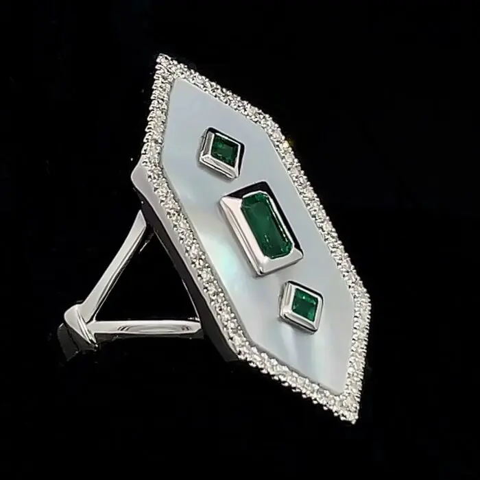 14k White Gold M.O.P. Emerald & Diamond Ring - Image 2