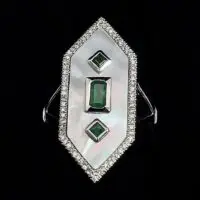 14k White Gold M.O.P. Emerald & Diamond Ring