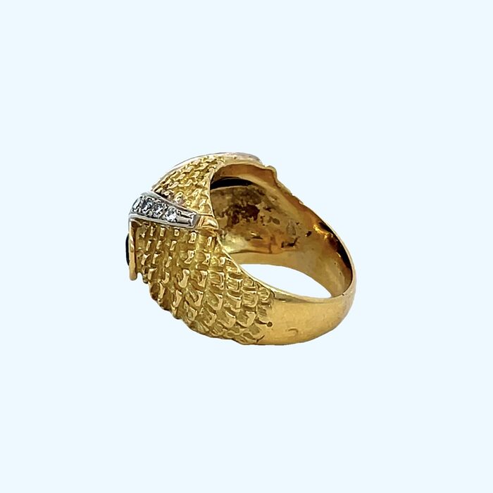 18k Yellow Gold Owl Ring with Diamonds & Sapphire Eyes - Image 6