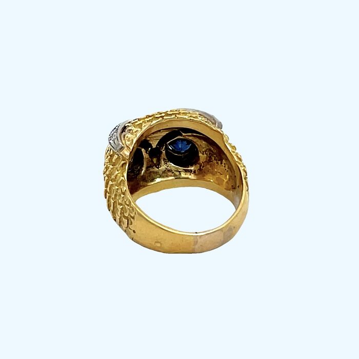 18k Yellow Gold Owl Ring with Diamonds & Sapphire Eyes - Image 5