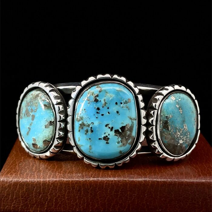 Handmade 3 Stone Turquoise Cuff Bracelet in Sterling Silver