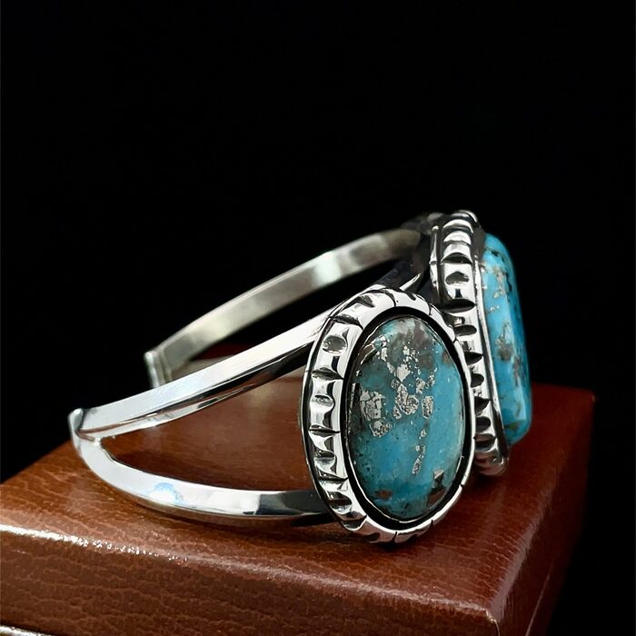 Handmade 3 Stone Turquoise Cuff Bracelet in Sterling Silver - Image 4