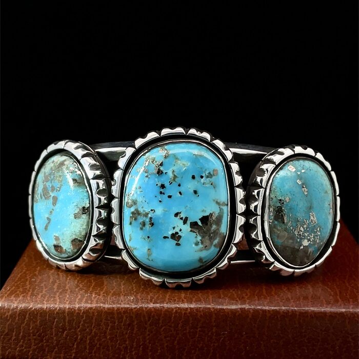 Handmade 3 Stone Turquoise Cuff Bracelet in Sterling Silver - Image 6