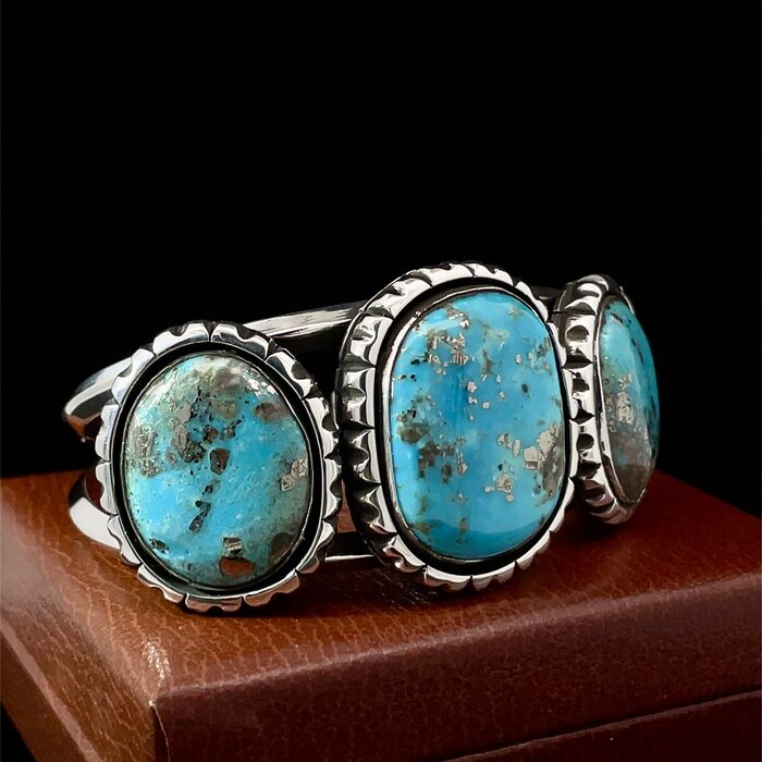 Handmade 3 Stone Turquoise Cuff Bracelet in Sterling Silver - Image 2