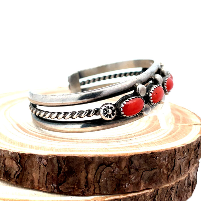 Native Mediterranean Coral and Sterling Silver Cuff Bracelet - Image 2