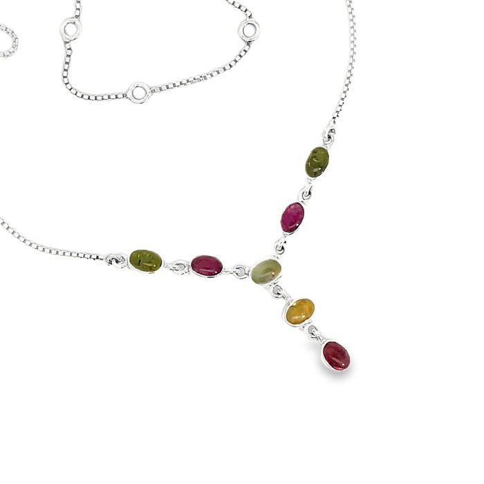 Multi-Color Cabochon Tourmaline Necklace in Sterling Silver