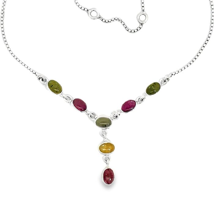 Multi-Color Cabochon Tourmaline Necklace in Sterling Silver - Image 2